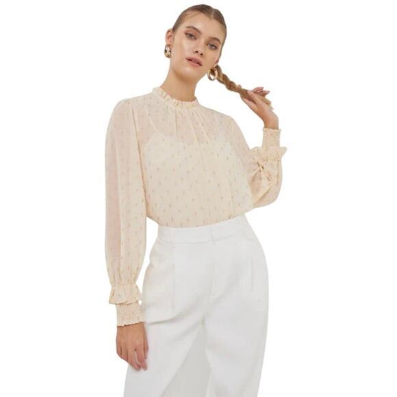 NWT Endless Rose REVOLVE Women XS Gold‎ Foil Polka Dot Blouse Long Sleeve Ruffle - Picture 1 of 15